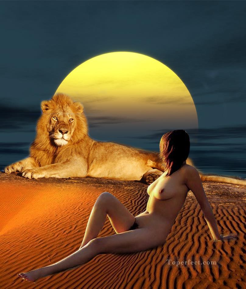 león y belleza desnudos originales Pintura al óleo